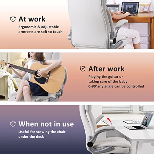 Managerial And Executive Office Chair,Ergonomic White Pu Leather Office Desk Chair,Diamond Stitched High Back Swivel Task Chair With Rocking Function,Adjustable Flip-Up Armrests Computer Chair #TOP4