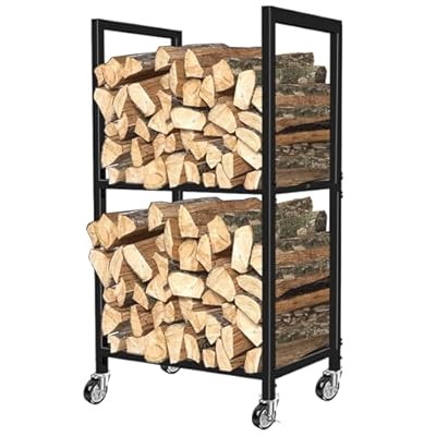 Lilybud--lily Firewood Rack Indoor Fireplace Log Holder with Wheels, 2 Tier Fire Wood Holder Outdoor Small Firewood Storage Rack Log Storage Stacker Stand for Patio, Fire Pit