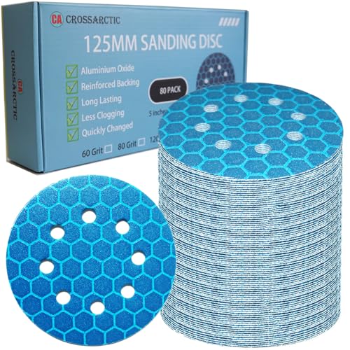 Crossarctic 80 unidades de papel de lixa de 125 mm, azul profissional, 125 discos redondos de lixa, 8 orifícios para lixadeira orbital, 80 grãos