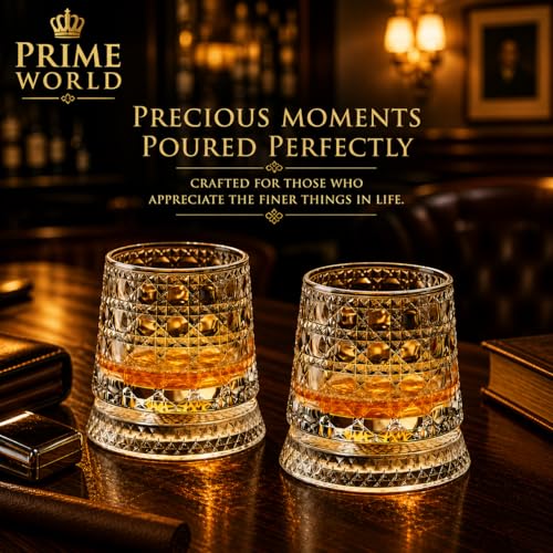 Image of PrimeWorld Diamond Dancing Whiskey Glass Set of 2 Pcs with Rotable Bottom- Spining Glasses-375 ml Bar Glass for Drinking Bourbon, Whisky, Scotch, Cocktails, Cognac- Old Fashioned Tumblers
