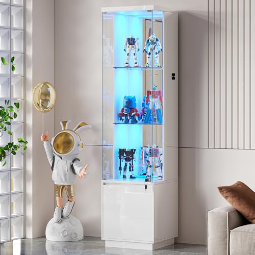 Lvifur Glasvitrine mit LED Beleuchtung und Schubladen,Vertikale Vitrine mit Intelligente Sensorik,Glas Holz Vitrinenschrank 3-Lagen Sammlervitrine für Sammlerstücke,Wein,Wohnzimmer,Schlafzimmer