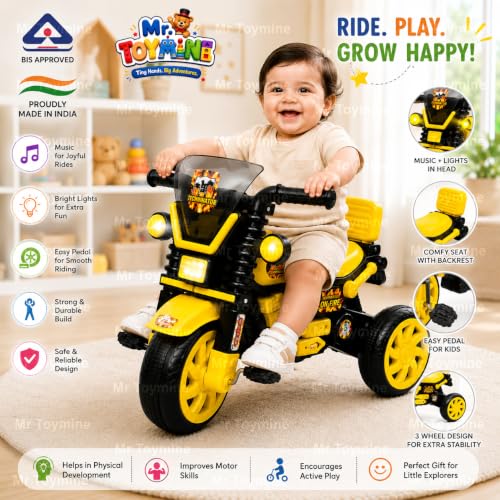 Image of Terminator Bike Pedal Tricycle for Kids Toddler Trike Headlight, Music, Curved Seat and Backrest Push Along Pedal Trike for 2 Years to 4 Years | Yellow | TOYMINE