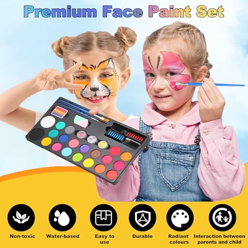 Image of Store2508 Face Body Paint Kit for Kids - 20 Colours Non-Toxic Water Based Face Painting Set with Glitter Hair Chalk Brushes Sponges Stencils and Tattoos - Safe Skin Friendly Washable Paints for Parties Festivals Halloween