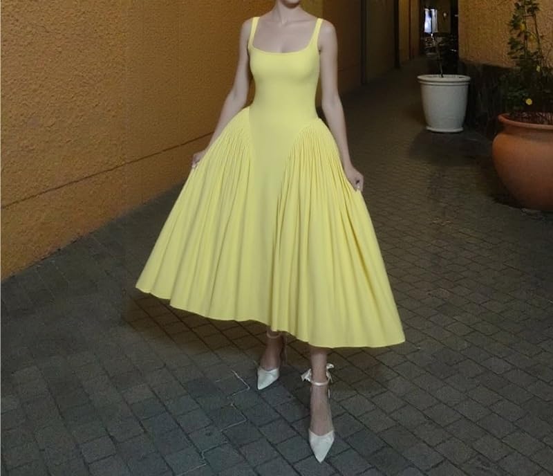 HENGEN 2025 Summer New Women's Clothing Elegant Temperament High Waist Slim Fit Solid Color Square Neck Suspender Dress2