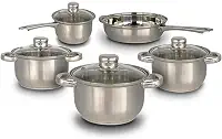 Conjunto de Panelas Inox 5 Peças com Tampa de Vidro – Panela, Caçarolas e Frigideira- Aço Inox