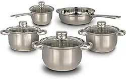 Conjunto de Panelas Inox 5 Peças com Tampa de Vidro – Panela, Caçarolas e Frigideira- Aço Inox