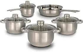 Conjunto de Panelas Inox 5 Peças com Tampa de Vidro – Panela, Caçarolas e Frigideira- Aço Inox