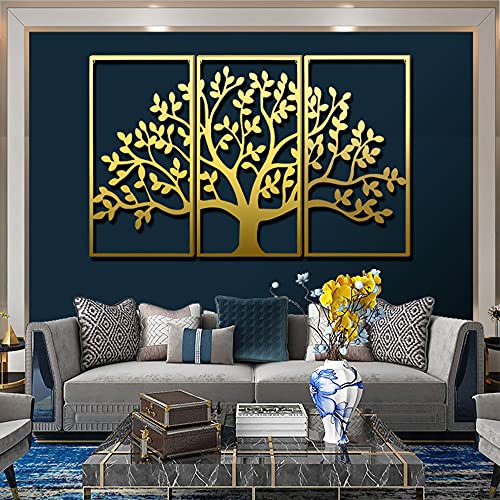 Golden Metal Wall Art, Tree Of Life 3 Pieces, Metal Tree Wall Decor, Wrought Iron Wall Sculpture, Interior Home Decoration, 3 Panels Wall Hangings,60"X39" (153X99Cm) #TOP6