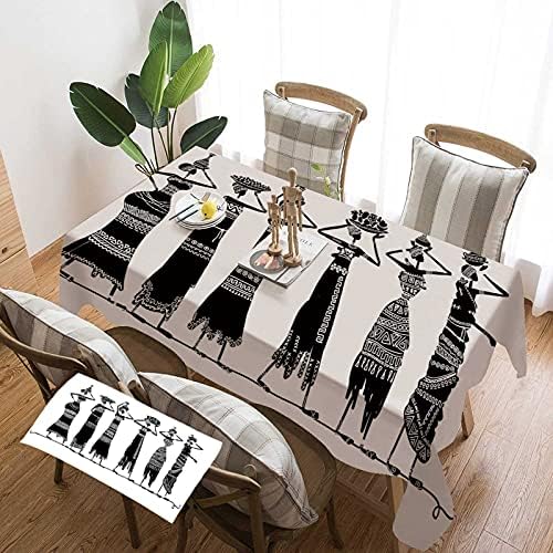 African Woman Rectangular Table Cover,60 x 90 InchSketch of Local Women with Jugs Silhouettes Tribal Patterned Dresses Decorative Washable Fabric Table Cloth for Dining, Party and Outdoor use Black an