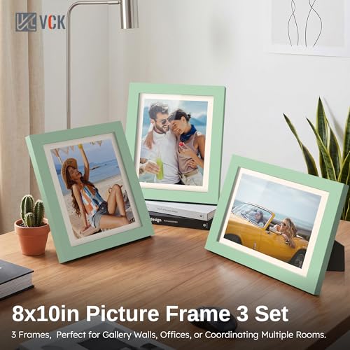 Image of VCK 8x10 Picture Frame Set of 3 - Green, Wide Border Solid Wood Frame, Display Pictures in Horizontal and Vertical, for Home, Office, Gallery, Woodgrain Series, Wall Hanging