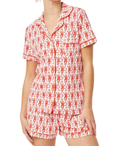 Image of Womens Y2k Preppy Pajamas Set, 2 Piece Button Down Monkey Beach Shorts Set Holiday Vacation Loungewear Pjs for Jammies Back to School Party Birthday Gifts(Red, Small)
