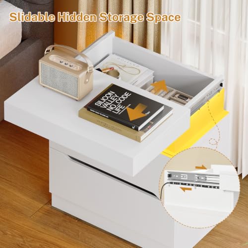 Image of TEENFON Nightstands Set of 2, Night Stand with Sliding Top, Nightstand with App-Controlled Adjustable LED Lights, Bedside Table with 2 Drawers, Modern Nightstands for Bedroom,White