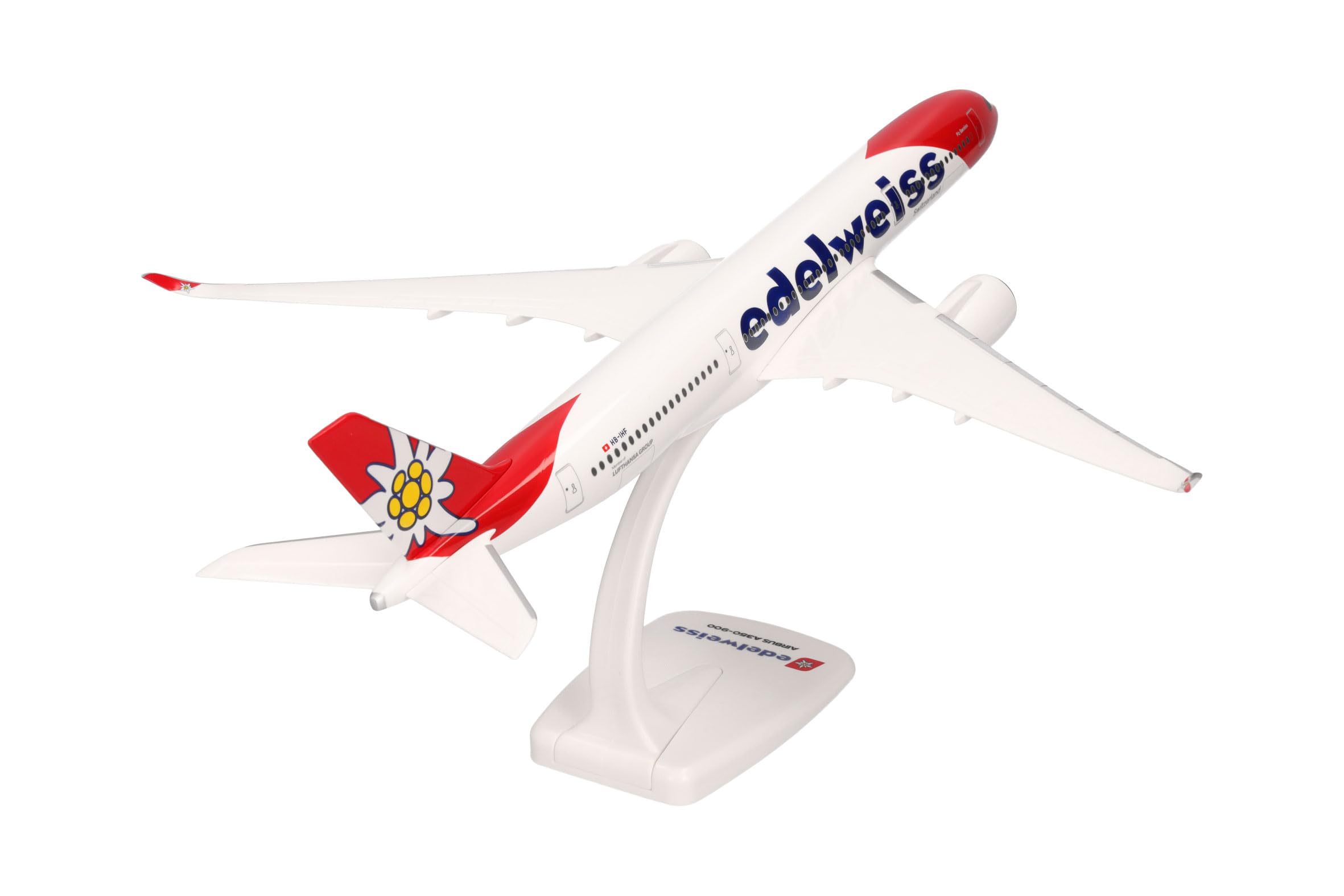 Herpa Snap-Fit Modellflugzeug Edelweiss Air Airbus A350-900 - HB-IHF Piz Bernina, Miniatur im Maßstab 1:200, Sammlerstück, Modell mit Standfuß, Kunststoff, Rot