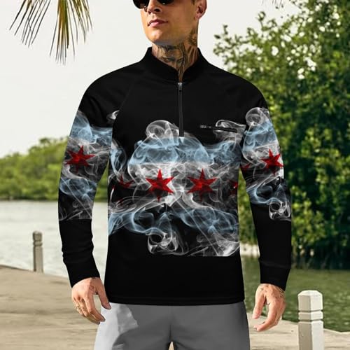 Chicago City Smoke Flag Men's Rash Guard Long Sleeves Quick Dry Fishing Workout Shirts with Zipper2