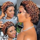 6 Inch Short Pixie Cut Wigs for Black Women 13x1 Pixie Cut Wig Human Hair Curly Lace Front Wig Short Curly Pixie Cut Wigs #1B/350 Orange Ginger Color Glueless Wigs Human Hair
