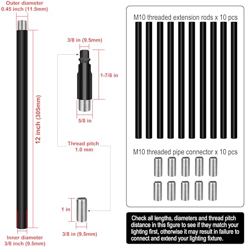 Image of 10 Pieces 12-inch M10 Threaded Extension Poles Lighting Fixture Downrods Stems & 180 Degrees Sloped Ceiling Adapter Kits for Pendant Light, Island Lighting, Chandeliers (Black)