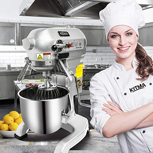 KITMA Commercial Food Mixer - 10 Quart 750W 3 Speed Heavy Duty Dough Mixer with Stainless Steel Bowl, Dough Hooks, Whisk, Beater, Safety Guard