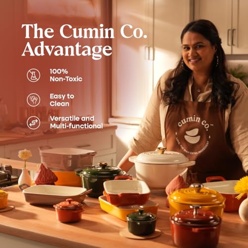 Image of CUMIN CO. Ceramic Mini Cocottes | Set of 2 | Non Toxic Bakeware | Enamel Coated Mini Pot for Lava Cake | Free Accessories | Induction, Micro & Oven Safe | Color: Rust