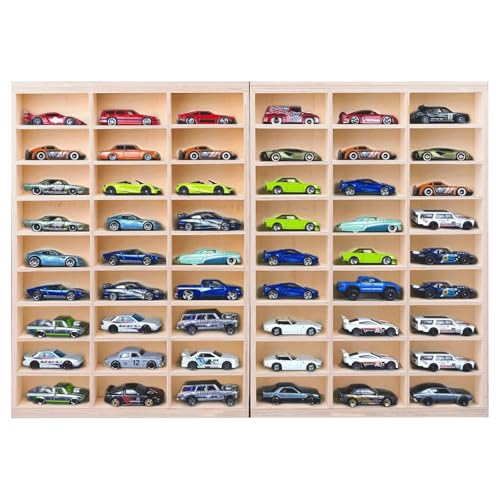 1:64 Model Car Wooden Display Case 54 Space Storage Display Shelf for 1/64 Scale Toy Cars Wall Mount Model car Display Organizer Collapsible Toy Car Storage(Only case)
