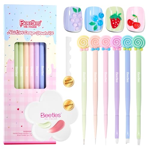 Beetles Nail Art Brushes 6pcs Sweet Swirl Nail Art Tools Liner Brushes for Nails Dotting Tool Gradient French Manicure Design Pen with Floral Palette Brush Holder DIY Gift for Women