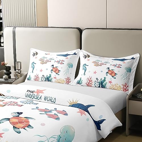 Ocean Turtle Kids Cotton Duvet Cover Set - Marine Decor for Boys - Beach Starfish & Seahorse Design - Double Bedroom - Image 3