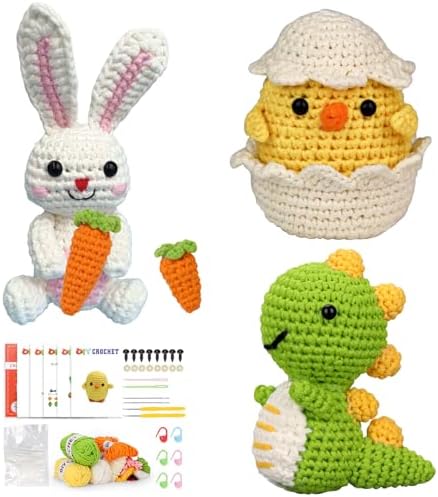wokdsbl Crochet Kit for Beginners with Upgraded Premium Custom Yarn and Step-by-Step Video Tutorials, Ideal DIY Craft Gift, Crochet Animal Kits for Easter Egg Fillers (Bunny & Chick & Dinosaur)