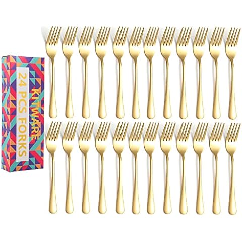24 Piece Gold Silverware Forks, Food Grade Stainless Steel Flatware Golden Dinner Forks, 8 Inch Metal Forks Cutlery for Home Kitchen Restaurant Travel, Mirror Polished Cover