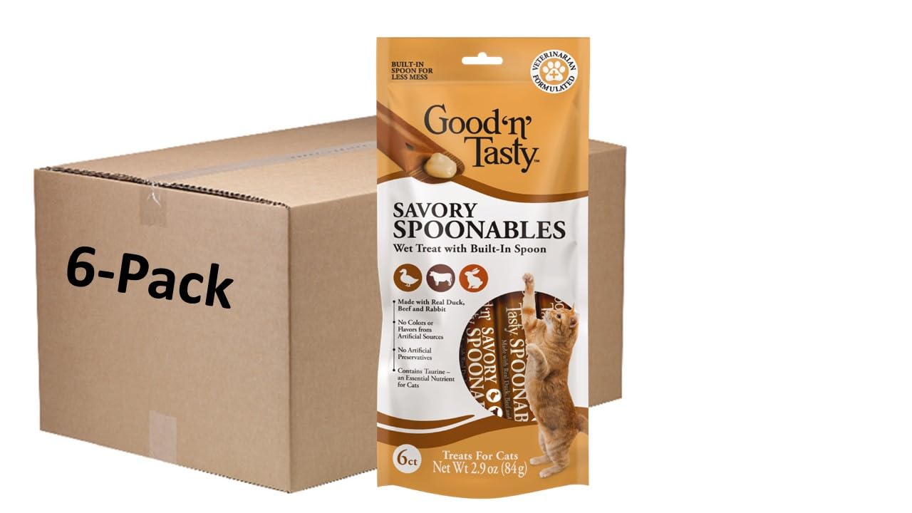 Good ‘n’ Tasty Savory Spoonables with Real Duck, Beef & Rabbit, 6 Count Tube, Triple Flavor Squeezable Lickable Wet Treats for Cats with Built-in Spoon for Less Mess