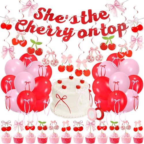 Scawim Cherry Birthday Decorations, Glitter She's The Cherry On Top Banner Hanging Swirls Balloons Cupcake Topper Baby Shower Girls Supplies for Adult Women Birthday Wedding Bridal Shower
