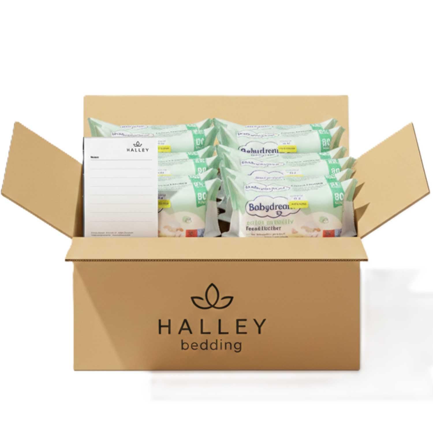 Halley Bedding Bundle: Babydream Feuchttücher 12x80 inkl Notizblock | Ohne Parfüm, mit Aloe Vera & Allantoin. 12x80er Pack (Gesamt 960 Tücher). Hautverträglich & bei Neurodermitis geeignet