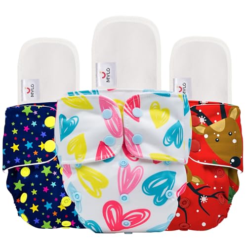 Image of Mylo Leak Proof Baby Cloth Diaper Combo (3 Diaper & 3 Inserts) for 3 Months to 3 Years Babies | Oeko Tex Certified Washable & Reusable Baby Cloth Diaper | Free Size - Celebration,heart Doodle,twinkle