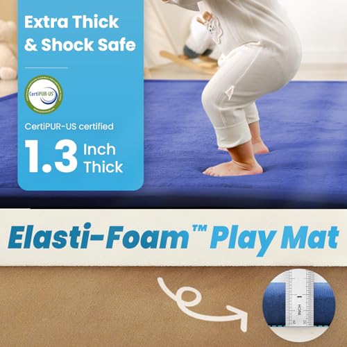 Image of 1.3 inch Thick Baby Play Mat for Floor, 28x72 Foam Tummy Time Mat, Padded Support Soft Plush Bedside Rugs for Infant Kids Toddler Crawling Kick Activity (Royal Blue)