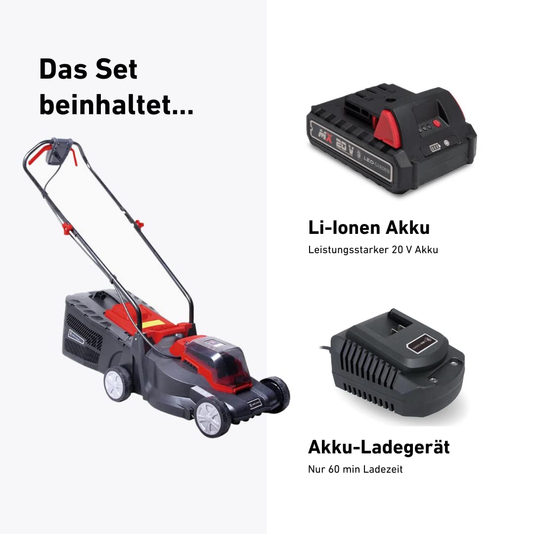 LEOGarden Akku-Kompakt-Rasenmäher LG10020-32C1 Set inkl. Akku & Ladegerät (3-Fach höhenverstellbar, 32cm Schnittbreite, 25l Grasfangsack, 20V Akku)