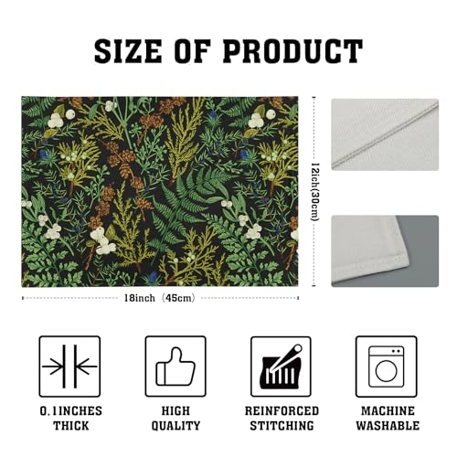 Image of Spring Green Leaves Placemats Set of 6 Botanical Fern Leaf Floral Place Mats Washable Kitchen Dining Summer Black Linen Table Mats Stain Heat-Resistant for Home Party Indoor 12x18 in