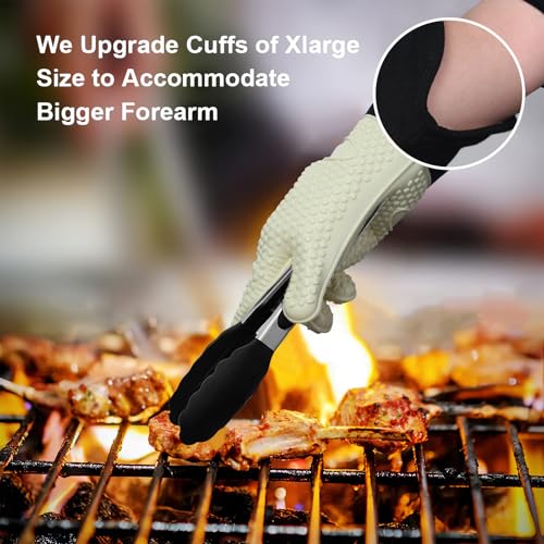 Image of GEEKHOM BBQ Gloves Heat Resistant Oven Mitts - Silicone Grilling Gloves with 14 inch Long Arm Protection - Waterproof Pot Holder Non-Slip for Men & Women, Kitchen Cooking, Baking, Camping, Beige