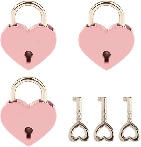 Candado pequeño de metal en forma de corazón de 3 piezas con llave para caja de almacenamiento de joyas, libro diario, color rosa