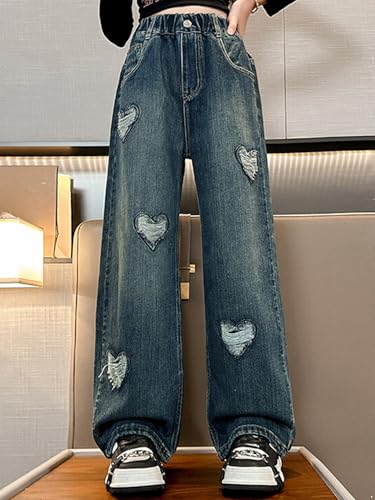 JEATHA Girl's Y2K Heart Applique Elastic High Waist Ripped Jeans Wide Leg Loose Denim Pants4