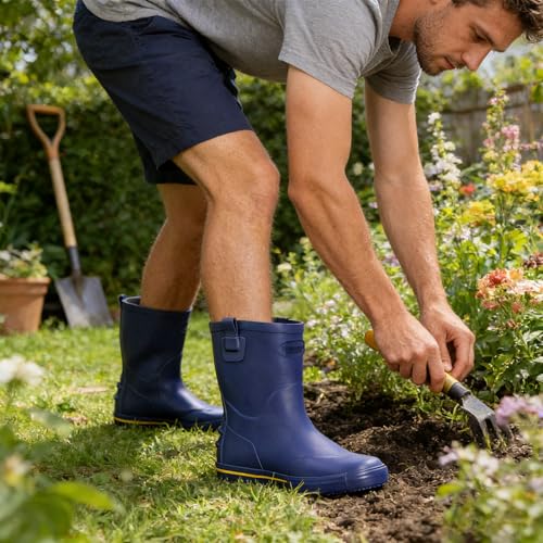 Image of Men's Mid-Calf Waterproof Rain Boots, Wide Calf & Slip-Resistant Rubber Work Boots for Unisex, Garden, Farm, Fishing Shoes All-Weather