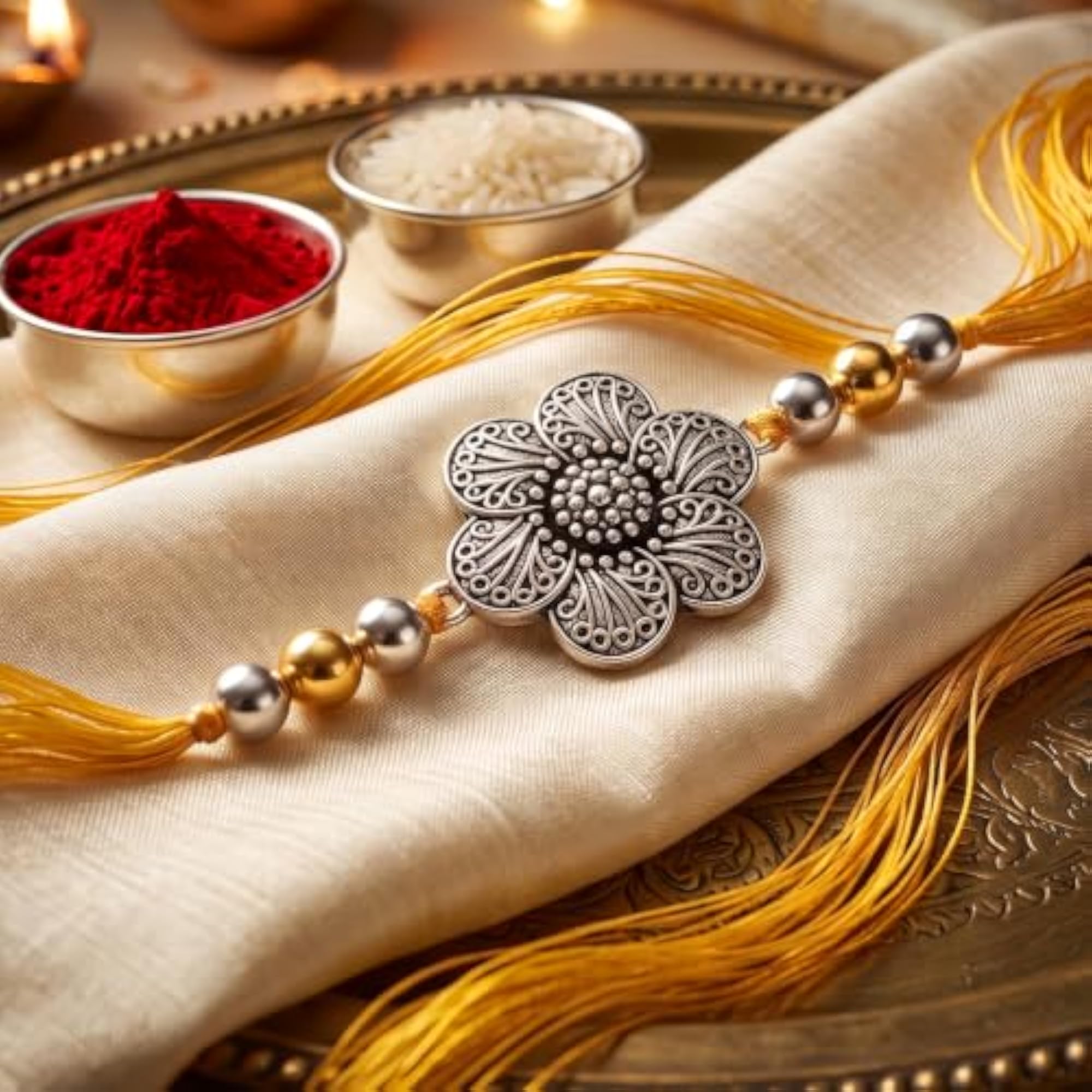 Premium Floral Designer Rakhi with Red Beads for Brother