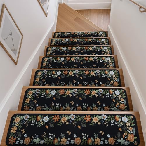 OJIA Floral Stair Treads Non-Slip Carpet Stair Treads for Wooden Steps Indoor 15PCS 30'x8' Stair Runner Stair Mats Staircase Step Treads for Kids, Elders and Dogs, Stair Covers, Black