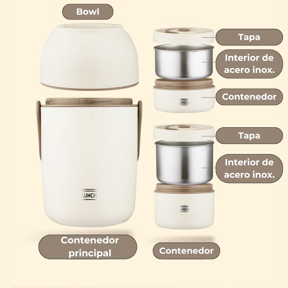 Genérico Termo para Alimentos con Compartimentos, Diseño Agradable y Funcional - Blanco y Beige - 1,2 Litros y 1,5 Litros (2 o 3 recipientes) - Plato incluido y Asa de transporte. (Blanco, 1,5 L)
