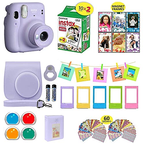 Fujifilm Instax Mini 11 Instant Camera + Shutter Compatible Carrying Case + Fuji Film Value Pack (20 Sheets) + Shutter Accessories Bundle, Color Filters, Photo Album, Assorted Frames (Lilac Purple,)
