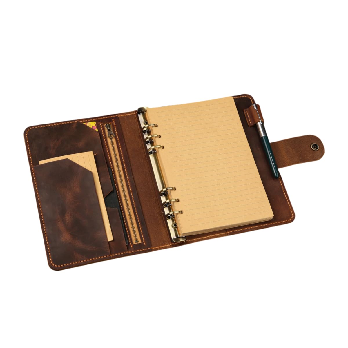 Vintage A5 Leder Planer mit Reißverschluss, Handgefertigte Ringbuchhülle aus Echtleder für Reisen, Büro & Alltag, Nachfüllbar (Dunkelbraun)