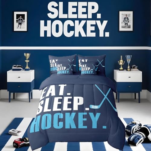 Image of Feelyou Ice Hockey Comforter Set 7 Piece Twin Size Kids Hockey Sports Game Boys Bed in A Bag Girls Ice Hockey Lover Bedding Set Hockey Decor Bed in a Bag with Sheets, Pillowcases, Pillow Covers