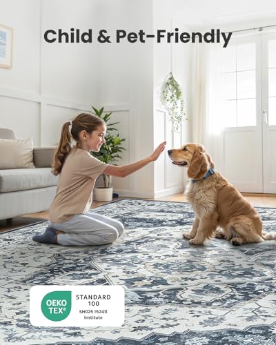 AMADA HOMEFURNISHING 8x10 Area Rug, Washable Low-Profile Large Area Rug with Non-Slip Backing & Durable Edge Binding, Vintage Large Rugs for Living Room, Bedroom