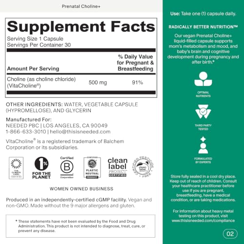 Image of Needed. Prenatal Choline+ for Cognitive Development, 30 Liquid Capsules | Choline Supplements For Pregnancy, Aids Baby Brain Development & Supports Healthy Pregnancy, Third Party Tested