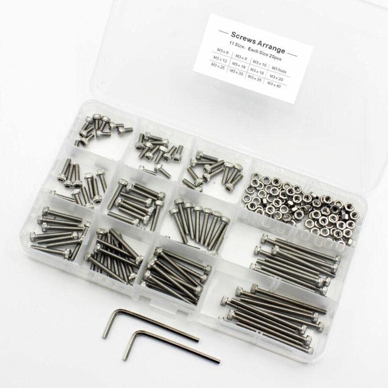 Socket Cap Screws Nuts Assortment Set Kit Cylindrical Allen Bolts 220 pcs/box M3 Stainless Steel
