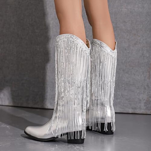 PAUVAODY Mode Kwast Cowboy Laarzen voor dames Metallic Cowgirl Mid-Calf Laarzen - Afbeelding 5