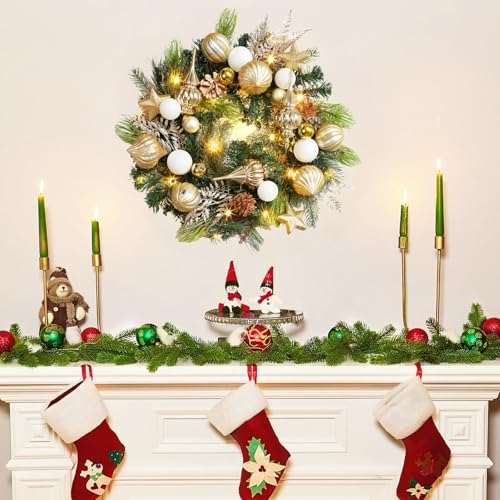 GarveeHome Christmas Wreath for Front Door, 24 Inch Large Outdoor Christmas Wreath, Battery Operated Artificial Xmas Wreath with Gold White Ball Ornaments Pine Cones and 20 LED Lights for Indoor Wall