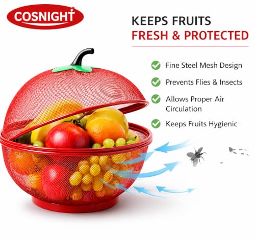 Image of Khushi Liquid Apple-Shaped Fruit & Vegetable Basket with Protective Net Mesh Cover - Decorative Kitchen Storage Stand for Dining Table - Multi-Color (Medium, Pack of 1) (RED)